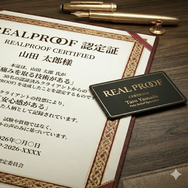 REALPROOF SPECIALIST 認定証と黒カード